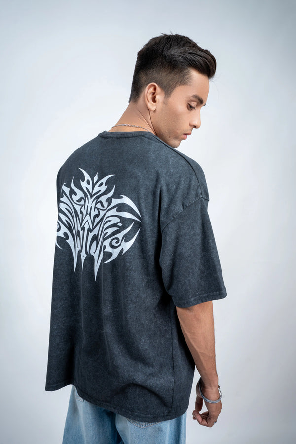 Acid Wash Oversized Tee – Signature Tribal Back Art - ParadiseZone
