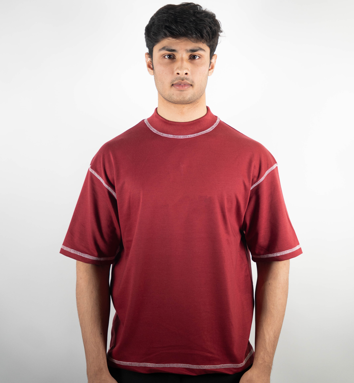 Red Boxy-fit Contrast Stitched T-shirt ParadiseZone