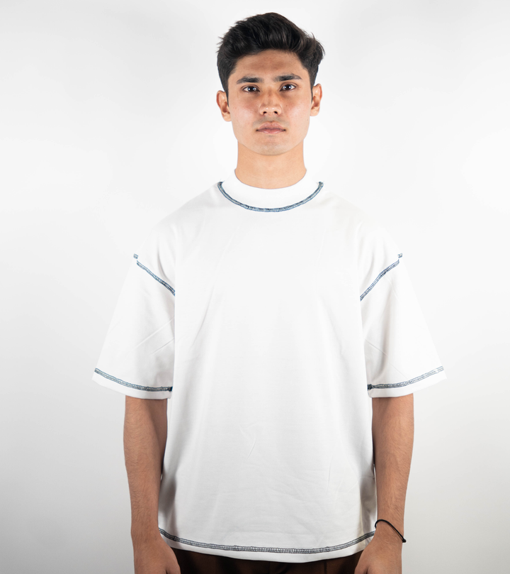 White Boxy-Fit Contrast Stitched T-shirt ParadiseZone