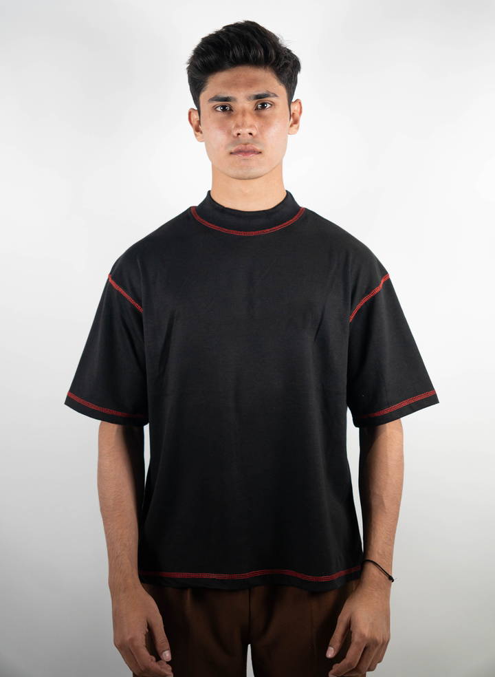 Black Boxy-Fit Red Contrast Stitched T-shirt ParadiseZone