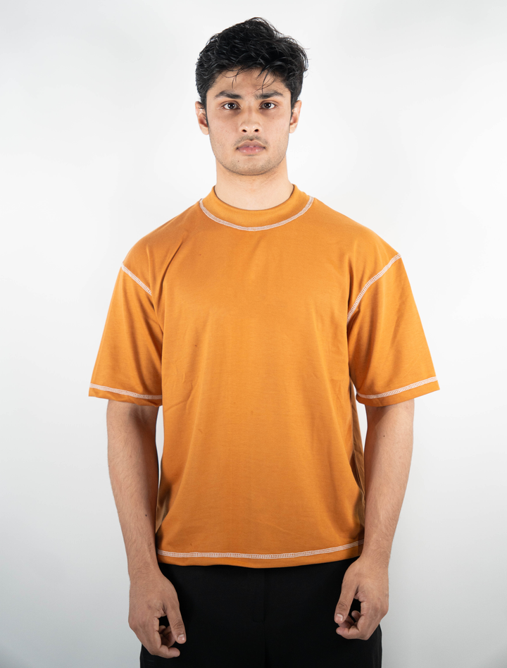 Mustard Boxy-Fit Contrast Stitched T-shirt ParadiseZone