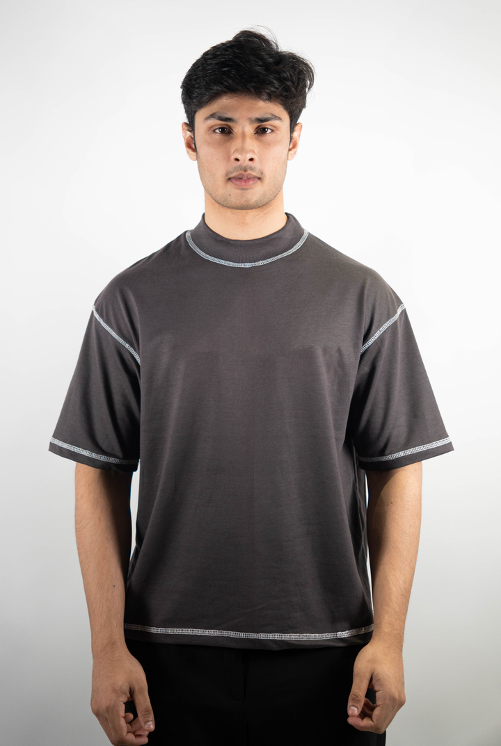 Charcoal Boxy-Fit Contrast Stitched T-shirt ParadiseZone