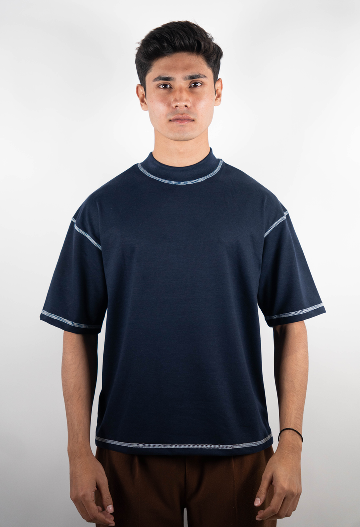 Navy Blue Boxy-Fit Contrast stitched T-shirt ParadiseZone