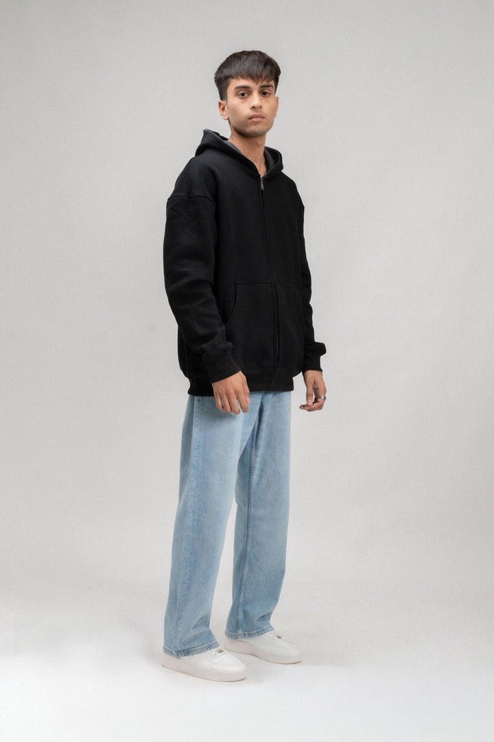 Black Plain Oversized Zipper Hoodie - ParadiseZone