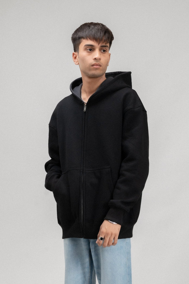 Black Plain Oversized Zipper Hoodie - ParadiseZone