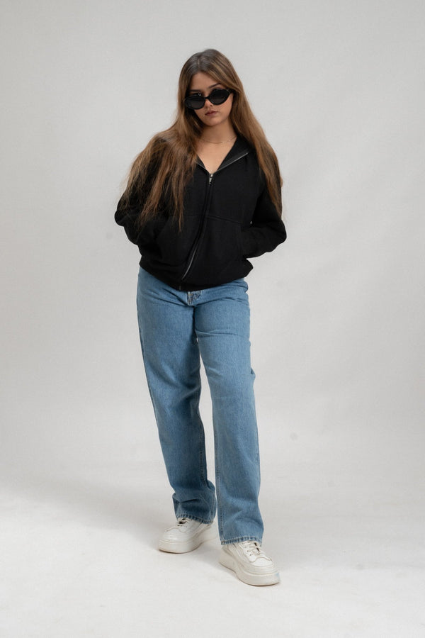 Black Plain Oversized Zipper Hoodie - ParadiseZone