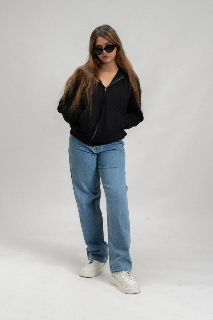 Black Plain Oversized Zipper Hoodie - ParadiseZone