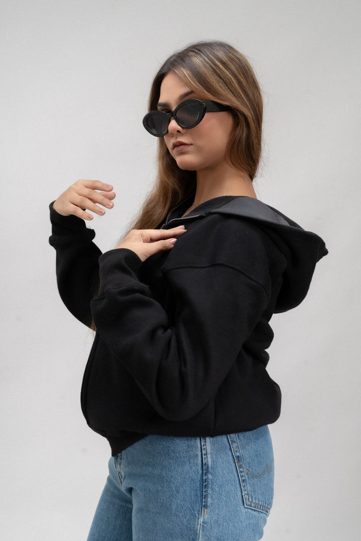 Black Plain Oversized Zipper Hoodie - ParadiseZone