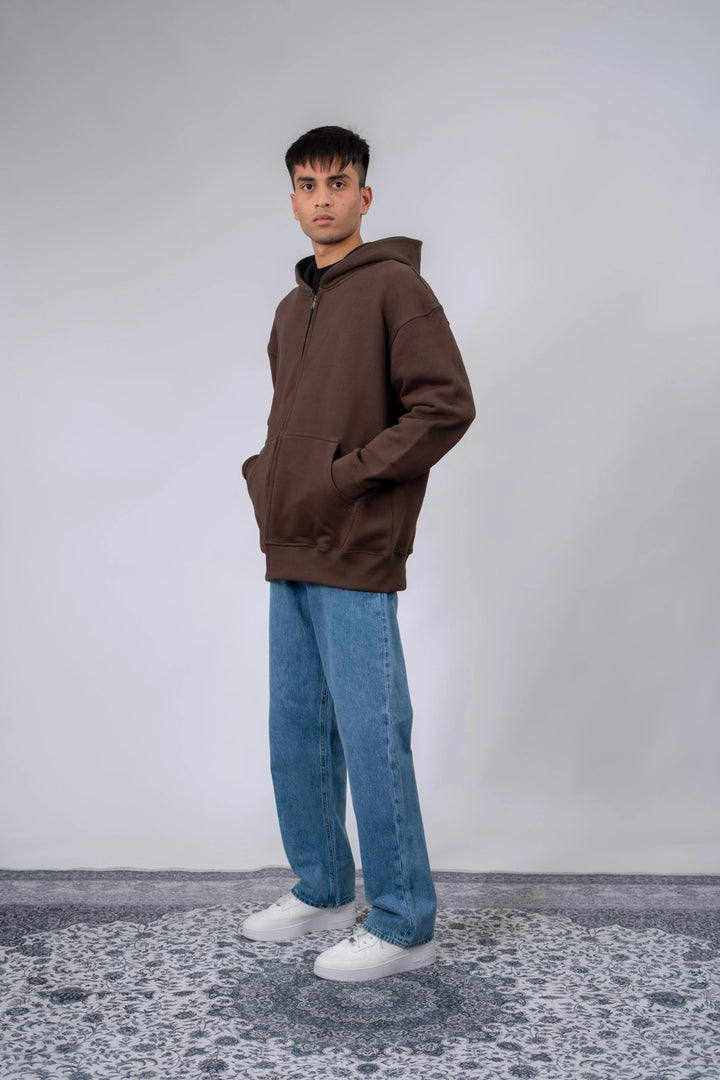 Brown Plain Oversized Zipper Hoodie - ParadiseZone