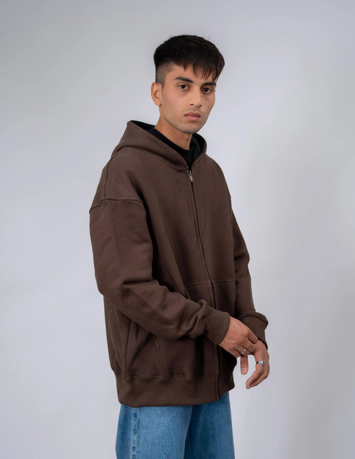 Brown Plain Oversized Zipper Hoodie - ParadiseZone