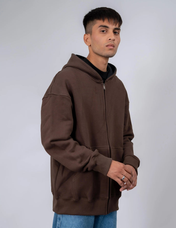 Brown Plain Oversized Zipper Hoodie - ParadiseZone