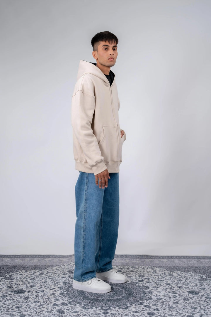 OFF White Plain Oversized Zipper Hoodie - ParadiseZone