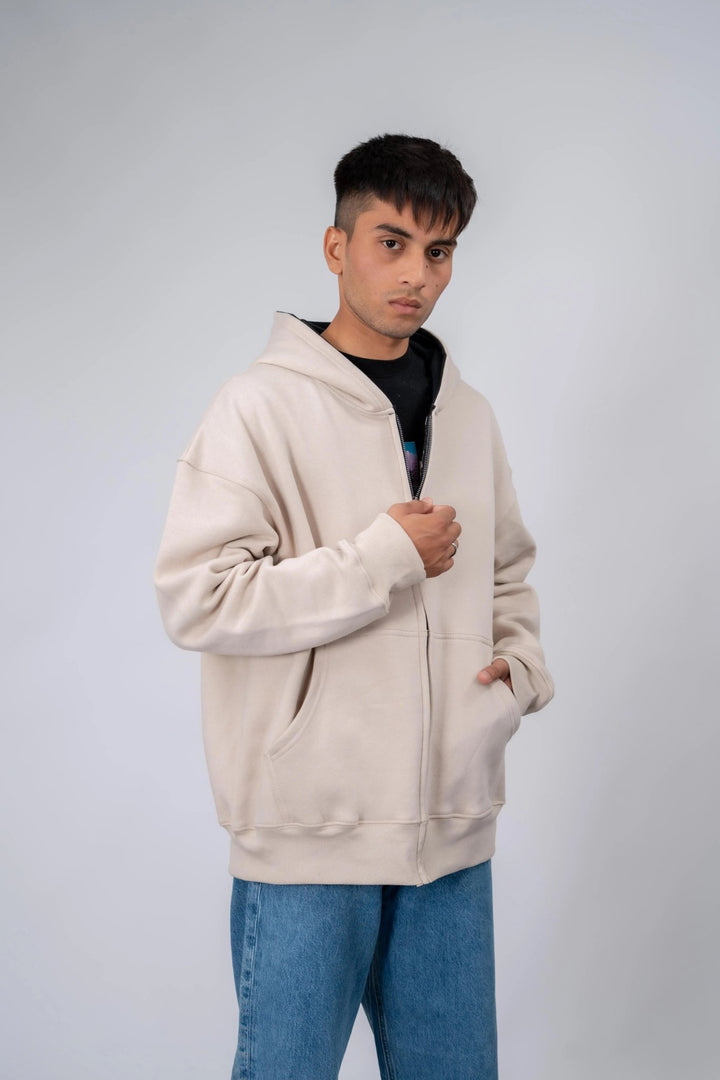 OFF White Plain Oversized Zipper Hoodie - ParadiseZone