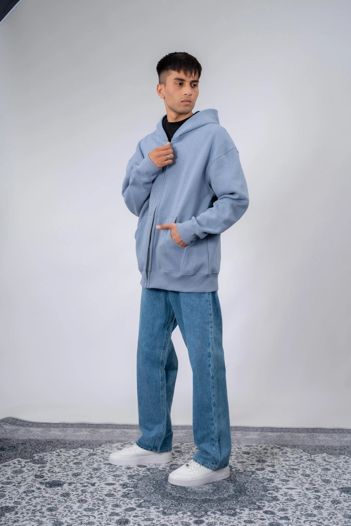 Sky Blue Plain Oversized Zipper Hoodie - ParadiseZone
